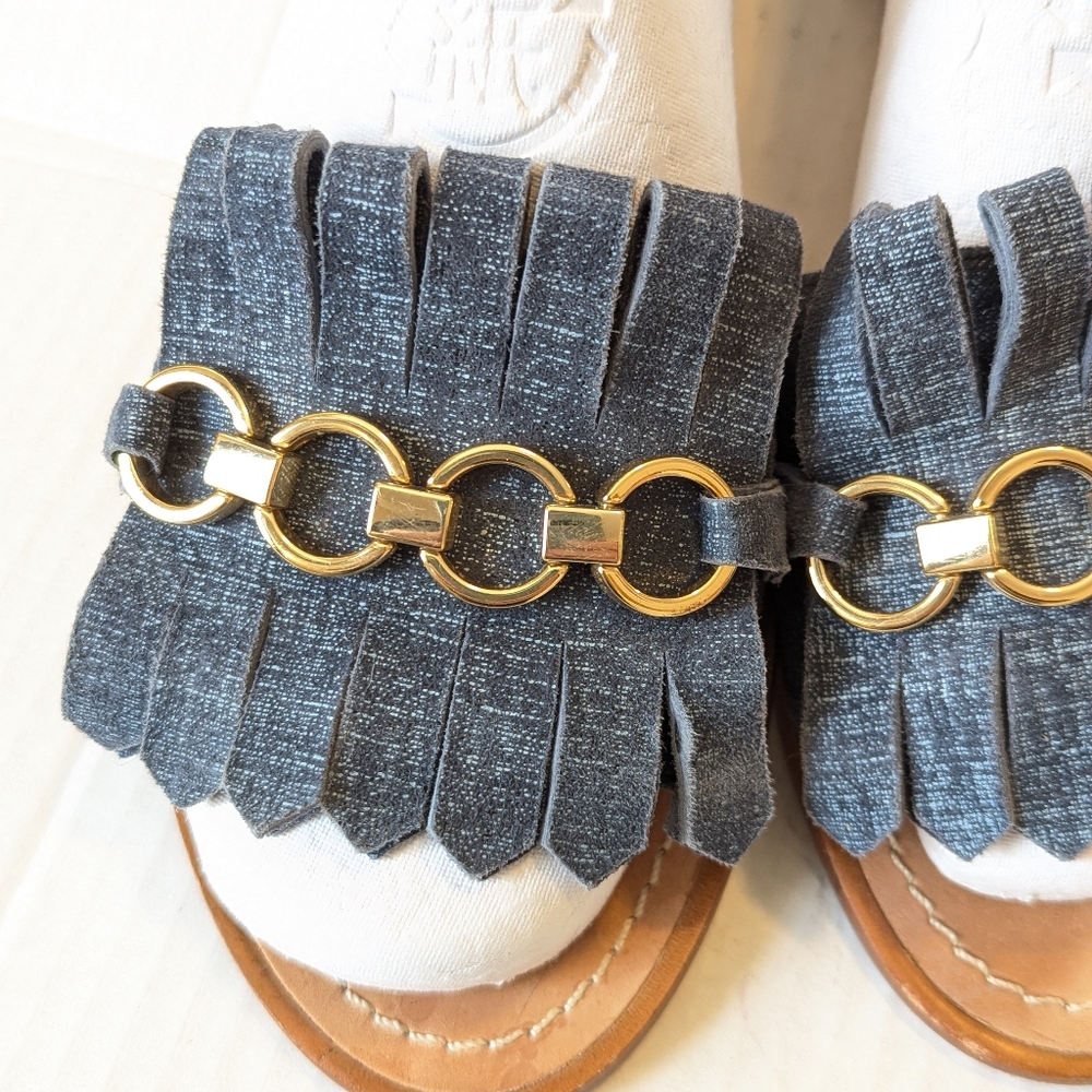 kate spade Denim Blue Fringe Slide Sandals with Gold Chain - Picture 10 of 14